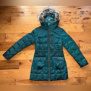 Eddie Bauer Women’s Yukon Down Parka Size XS Deep Ocean Faux Fur Hood